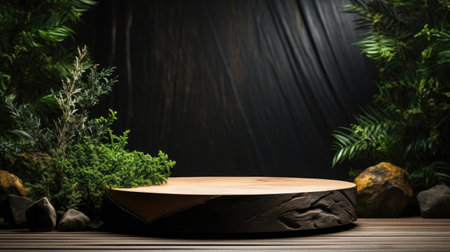 podium for product stand with plant background and cinematic light, front view, minimalist designの素材