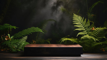podium for product stand with plant background and cinematic light, front view, minimalist designの素材