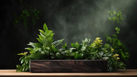 podium for product stand with plant background and cinematic light, front view, minimalist designの素材