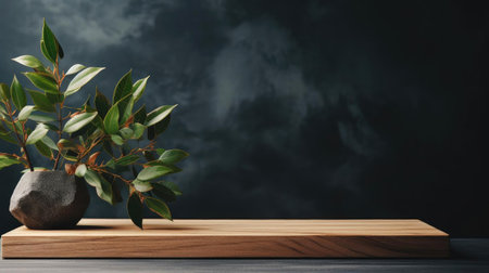 podium for product stand with plant background and cinematic light, front view, minimalist designの素材