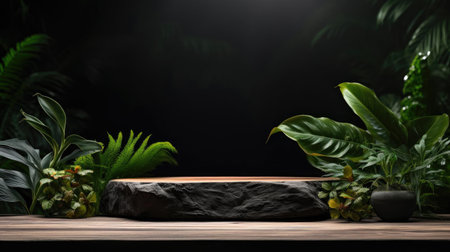 podium for product stand with plant background and cinematic light, front view, minimalist designの素材