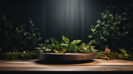podium for product stand with plant background and cinematic light, front view, minimalist designの素材