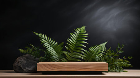 podium for product stand with plant background and cinematic light, front view, minimalist designの素材