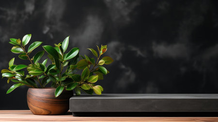 podium for product stand with plant background and cinematic light, front view, minimalist designの素材