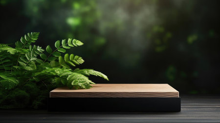 podium for product stand with plant background and cinematic light, front view, minimalist designの素材