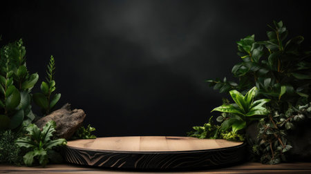podium for product stand with plant background and cinematic light, front view, minimalist designの素材
