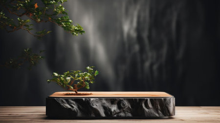 podium for product stand with plant background and cinematic light, front view, minimalist designの素材