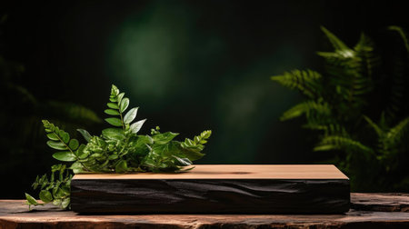 podium for product stand with plant background and cinematic light, front view, minimalist designの素材