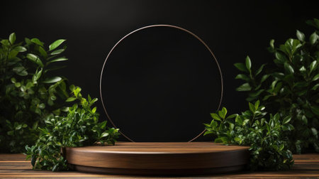 podium for product stand with plant background and cinematic light, front view, minimalist designの素材