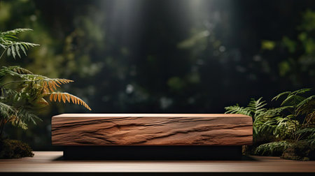 podium for product stand with plant background and cinematic light, front view, minimalist designの素材