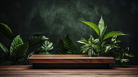 podium for product stand with plant background and cinematic light, front view, minimalist designの素材