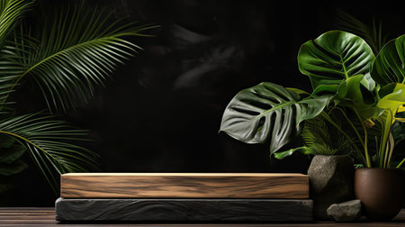 podium for product stand with plant background and cinematic light, front view, minimalist designの素材