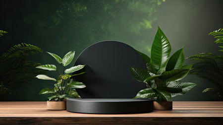 podium for product stand with plant background and cinematic light, front view, minimalist designの素材