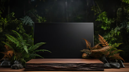 podium for product stand with plant background and cinematic light, front view, minimalist designの素材