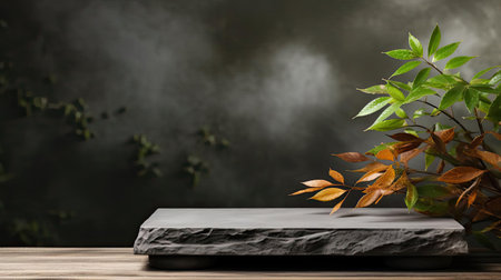 podium for product stand with plant background and cinematic light, front view, minimalist designの素材