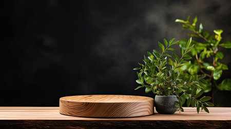 podium for product stand with plant background and cinematic light, front view, minimalist designの素材