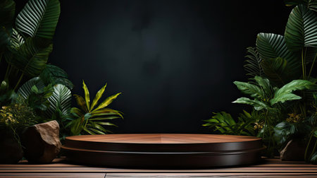 podium for product stand with plant background and cinematic light, front view, minimalist designの素材