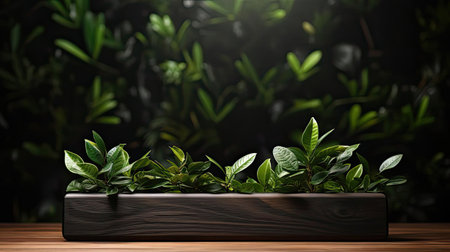 podium for product stand with plant background and cinematic light, front view, minimalist designの素材