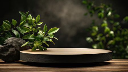podium for product stand with plant background and cinematic light, front view, minimalist designの素材
