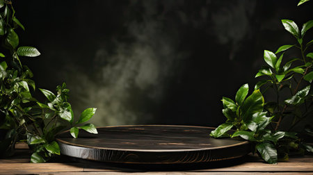podium for product stand with plant background and cinematic light, front view, minimalist designの素材