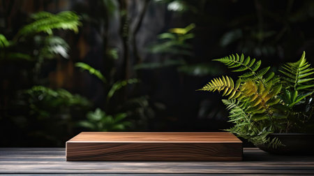 podium for product stand with plant background and cinematic light, front view, minimalist designの素材
