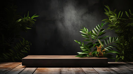podium for product stand with plant background and cinematic light, front view, minimalist designの素材