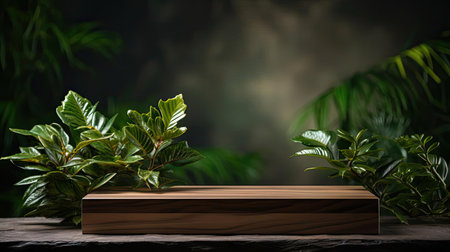 podium for product stand with plant background and cinematic light, front view, minimalist designの素材