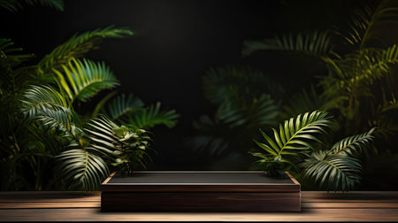 podium for product stand with plant background and cinematic light, front view, minimalist designの素材