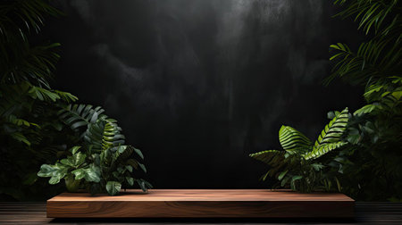 podium for product stand with plant background and cinematic light, front view, minimalist designの素材