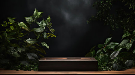 podium for product stand with plant background and cinematic light, front view, minimalist designの素材