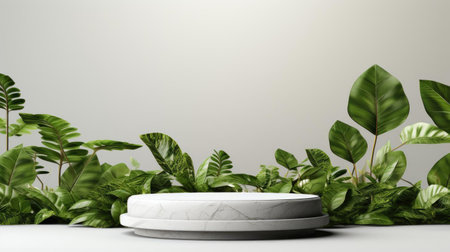 podium design for product display or product stand with leaf ornaments and minimalist backgroundの素材