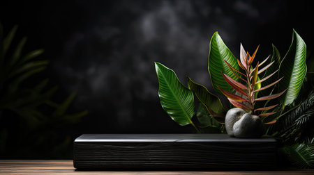 podium for product stand with plant background and cinematic light, front view, minimalist designの素材