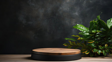 podium for product stand with plant background and cinematic light, front view, minimalist designの素材