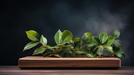 podium for product stand with plant background and cinematic light, front view, minimalist designの素材