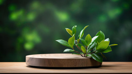 podium for product stand with plant background and cinematic light, front view, minimalist designの素材