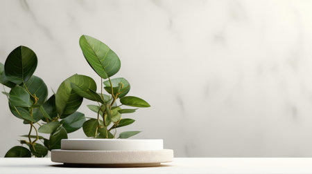 podium design for product display or product stand with leaf ornaments and minimalist backgroundの素材