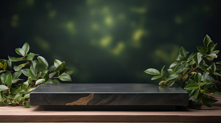 podium for product stand with plant background and cinematic light, front view, minimalist designの素材
