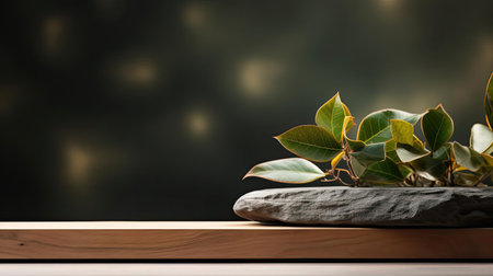 podium for product stand with plant background and cinematic light, front view, minimalist designの素材