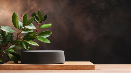 podium for product stand with plant background and cinematic light, front view, minimalist designの素材