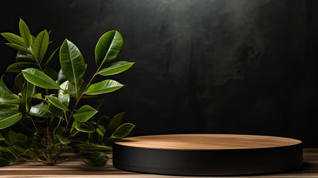 podium for product stand with plant background and cinematic light, front view, minimalist designの素材