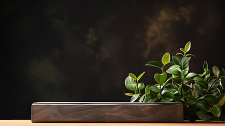 podium for product stand with plant background and cinematic light, front view, minimalist designの素材