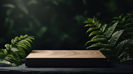 podium for product stand with plant background and cinematic light, front view, minimalist designの素材