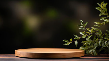 podium for product stand with plant background and cinematic light, front view, minimalist designの素材