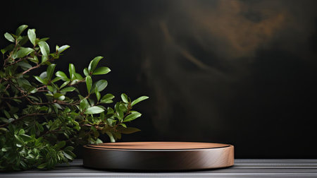 podium for product stand with plant background and cinematic light, front view, minimalist designの素材