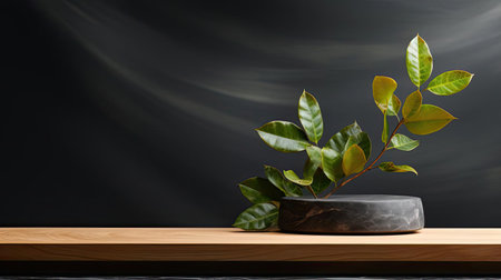 podium for product stand with plant background and cinematic light, front view, minimalist designの素材