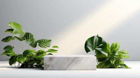 podium design for product display or product stand with leaf ornaments and minimalist backgroundの素材