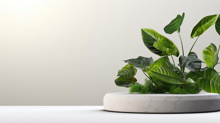 podium design for product display or product stand with leaf ornaments and minimalist backgroundの素材