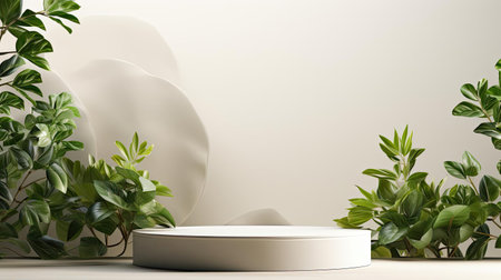 podium design for product display or product stand with leaf ornaments and minimalist backgroundの素材