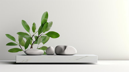 podium design for product display or product stand with leaf ornaments and minimalist backgroundの素材