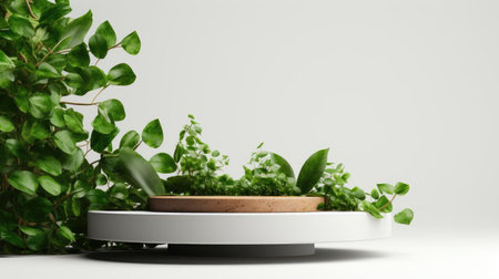 podium design for product display or product stand with leaf ornaments and minimalist backgroundの素材